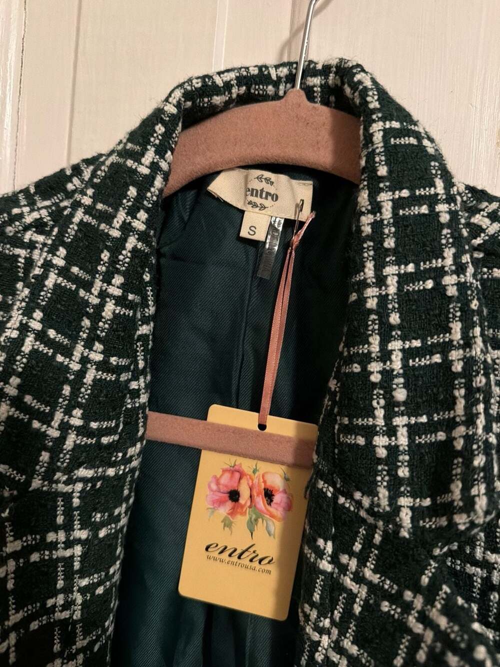 Entro Women's Green and White Plaid Tweed Blazer Jacket Small - Picture 2 of 7